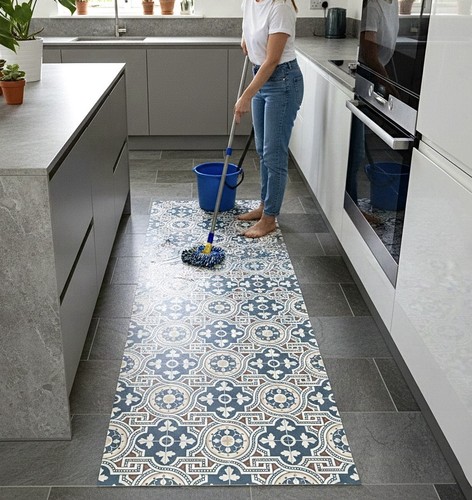 Blue patterned vinyl - blue, kitchen